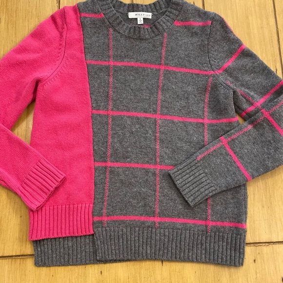 Milly Women’s Wool Cashmere Gray Pink WindowPane Pullover Crew Sweater S  NWOT - Picture 4 of 12